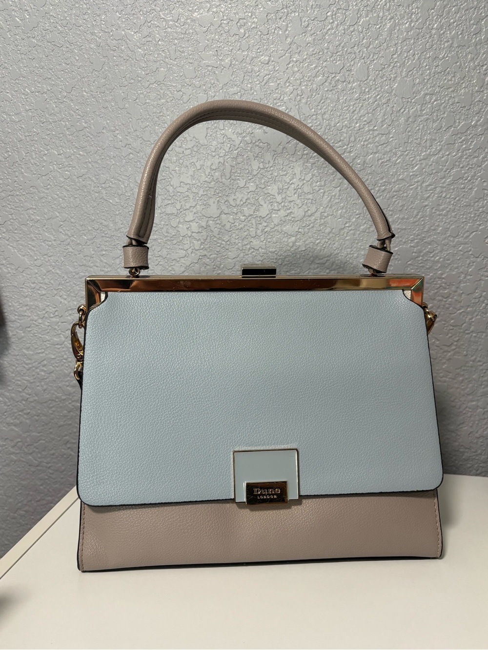 Dune London Two-Tone Top-Handle Satchel in Pale Blue and Taupe